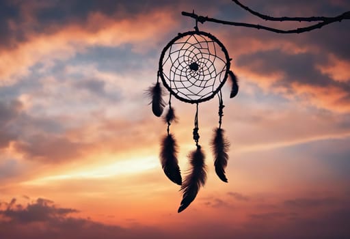 Dreamcatcher sunset sky, boho chic, ethnic amulet symbol Indigenous Peoples Day and Native Americans Day