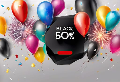 balloons and fireworks on the background, slinger conception, Sale and discount time, black friday