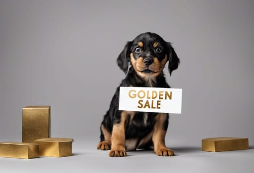 Funny puppy with banner with text sale for your advertising, mockup, concept of discounts and sales, on a light background