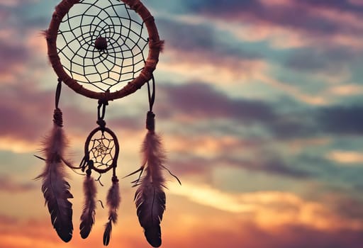 Dreamcatcher sunset sky, boho chic, ethnic amulet symbol Indigenous Peoples Day and Native Americans Day