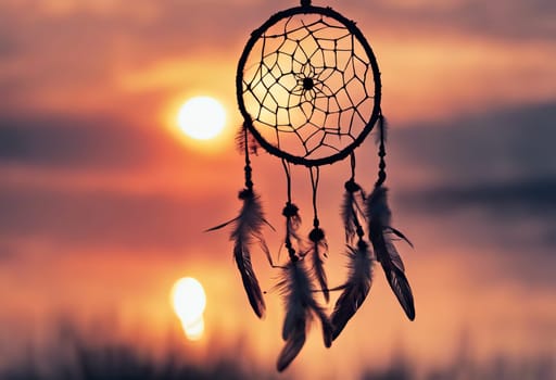 Dreamcatcher sunset sky, boho chic, ethnic amulet symbol Indigenous Peoples Day and Native Americans Day