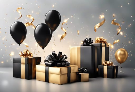 gift box with balloons on background with confetti. suitable for any holiday. Black Friday sales and discounts