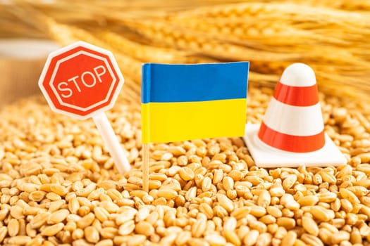 Grains wheat with Ukraine flag, trade export and economy concept.