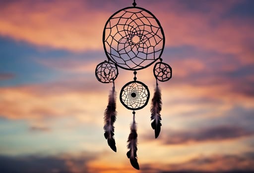 Dreamcatcher sunset sky, boho chic, ethnic amulet symbol Indigenous Peoples Day and Native Americans Day