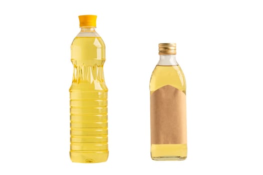 Vegetable oil with olive oil in different bottle for cooking isolated on white background with clipping path.