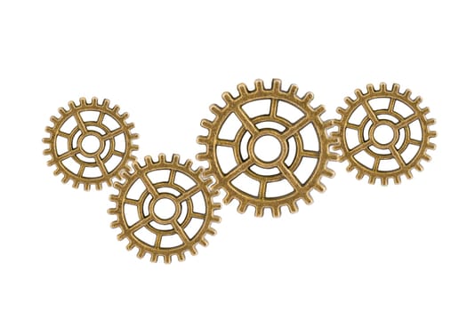 Gear and cogs wheels isolated on a white background, clock mechanism, brass metal engine industrial.