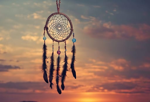 Dreamcatcher sunset sky, boho chic, ethnic amulet symbol Indigenous Peoples Day and Native Americans Day