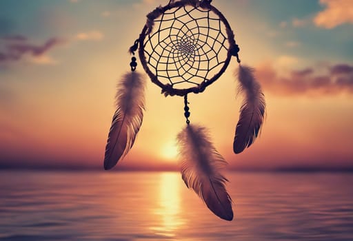 Dreamcatcher sunset sky, boho chic, ethnic amulet symbol Indigenous Peoples Day and Native Americans Day