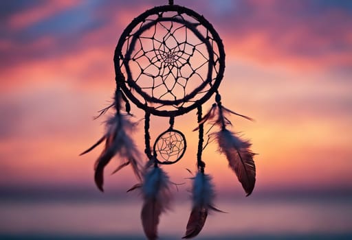 Dreamcatcher sunset sky, boho chic, ethnic amulet symbol Indigenous Peoples Day and Native Americans Day