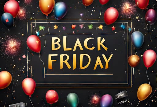 balloons and fireworks on the background, slinger conception, Sale and discount time, black friday