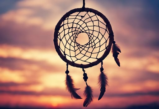 Dreamcatcher sunset sky, boho chic, ethnic amulet symbol Indigenous Peoples Day and Native Americans Day