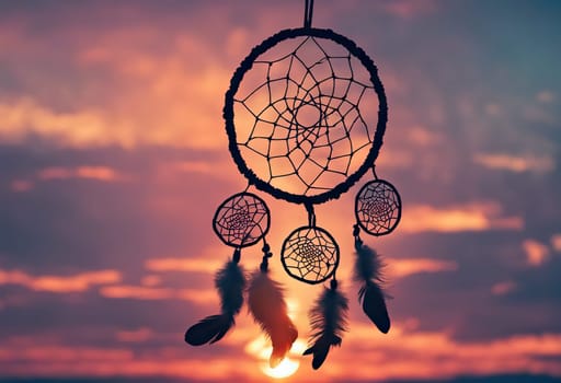 Dreamcatcher sunset sky, boho chic, ethnic amulet symbol Indigenous Peoples Day and Native Americans Day