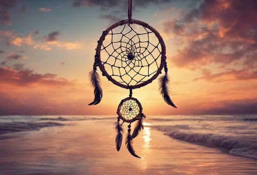 Dreamcatcher sunset sky, boho chic, ethnic amulet symbol Indigenous Peoples Day and Native Americans Day