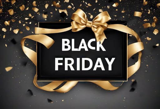 black bow with golden confetti on the background, the concept of gifts of holidays and sales, black friday