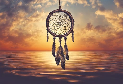 Dreamcatcher sunset sky, boho chic, ethnic amulet symbol Indigenous Peoples Day and Native Americans Day