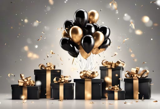 present box and balloons on background. suitable for any holiday. Black Friday sales and discounts