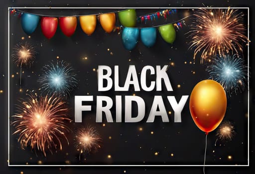 balloons and fireworks on the background, slinger conception, Sale and discount time, black friday