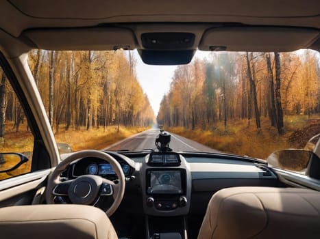 An unmanned vehicle equipped with artificial intelligence is driving along an autumn road. View from the car interior to the road.