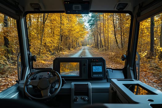 An unmanned vehicle equipped with artificial intelligence is driving along an autumn road. View from the car interior to the road.