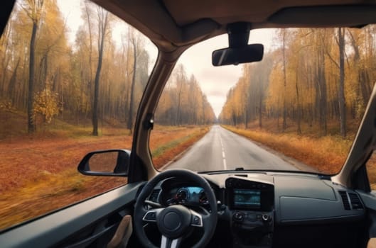 An unmanned vehicle equipped with artificial intelligence is driving along an autumn road. View from the car interior to the road.