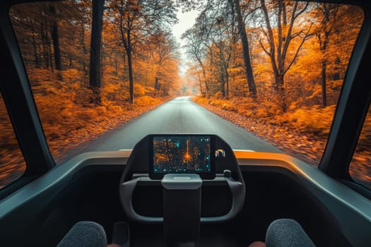 An unmanned vehicle equipped with artificial intelligence is driving along an autumn road. View from the car interior to the road.