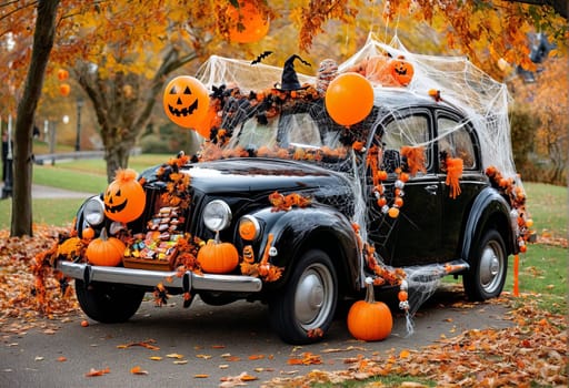A large car decorated for Halloween with cobwebs, pumpkins, orange balloons and sweets. The concept of a creative outdoor event in autumn