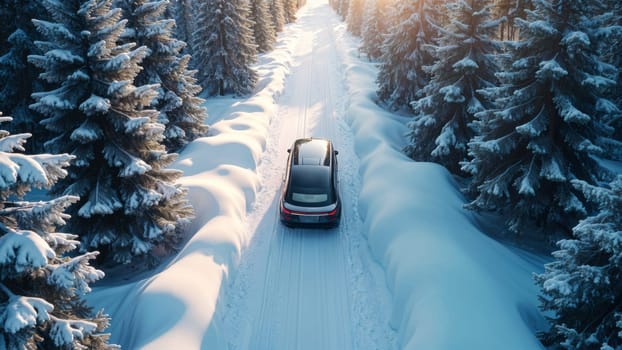 A view from the interior of an unmanned vehicle driving along an winter forest road. A car without a driver