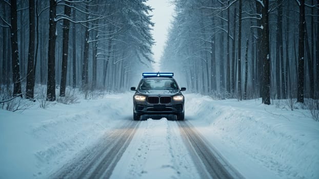 A view from the interior of an unmanned vehicle driving along an winter forest road. A car without a driver