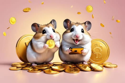 Blissful hamster depicted amidst golden coins and a smartphone, representing financial success