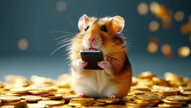 Blissful hamster depicted amidst golden coins and a smartphone, representing financial success