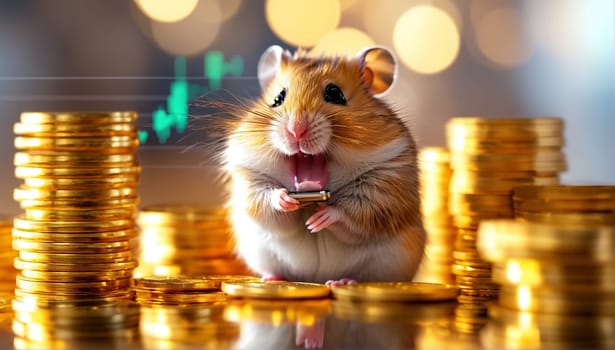 Blissful hamster depicted amidst golden coins and a smartphone, representing financial success