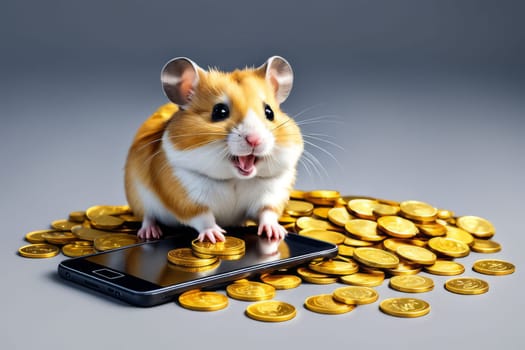 Blissful hamster depicted amidst golden coins and a smartphone, representing financial success