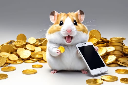 Overjoyed hamster with a portrayal of wealth through golden coins and a smartphone