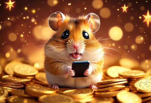 Overjoyed hamster with a portrayal of wealth through golden coins and a smartphone