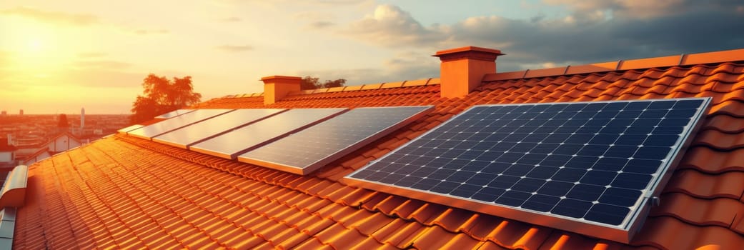 Close-up of solar panels on house roof for energy saving and alternative electricity sources