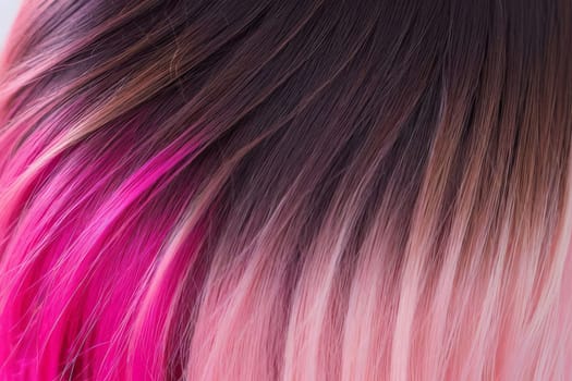 This close-up photo accentuates the vibrant allure of pink hair in an ombre design, revealing a harmonious fusion of colors and textures