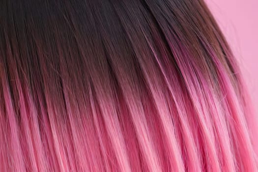 This close-up photo accentuates the vibrant allure of pink hair in an ombre design, revealing a harmonious fusion of colors and textures