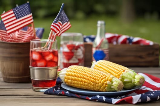 Step into a summer paradise at an outdoor picnic embellished with patriotic elements, including corn on the cob, BBQ delights, and cool refreshments