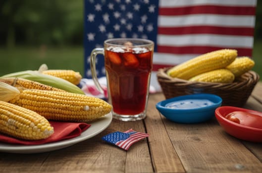 Delight in a summer picnic affair infused with patriotism, showcasing a spread of corn on the cob, barbecued treats, and invigorating drinks.