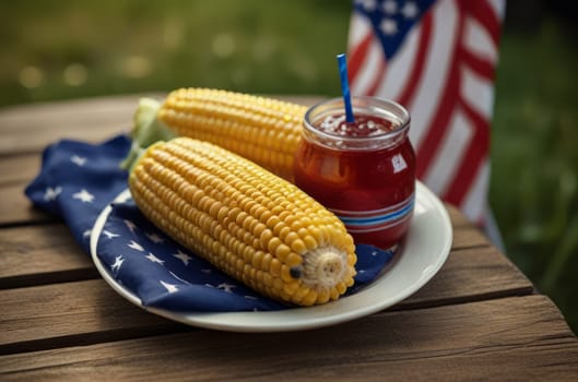Delight in a summer picnic affair infused with patriotism, showcasing a spread of corn on the cob, barbecued treats, and invigorating drinks.