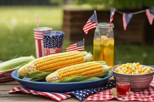 Step into a summer paradise at an outdoor picnic embellished with patriotic elements, including corn on the cob, BBQ delights, and cool refreshments