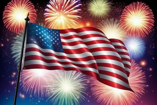 Dynamic image showcasing the American flag fluttering in the wind set against a vibrant display of fireworks, marking the festive spirit of Independence Day
