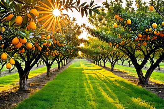 The soothing warmth of the sunrise bathes a citrus grove in a gentle glow, showcasing the serene beauty and abundance of the fruit-laden trees