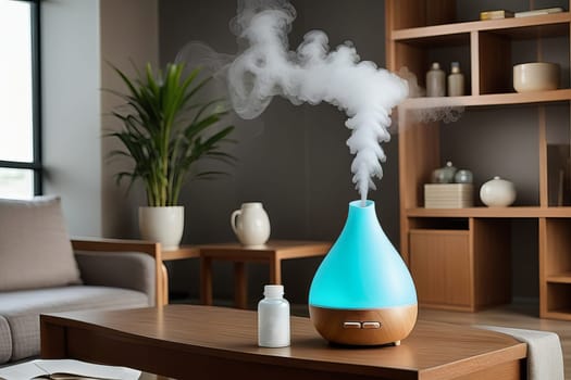 Aroma oil diffuser with rising steam flow on table in living room