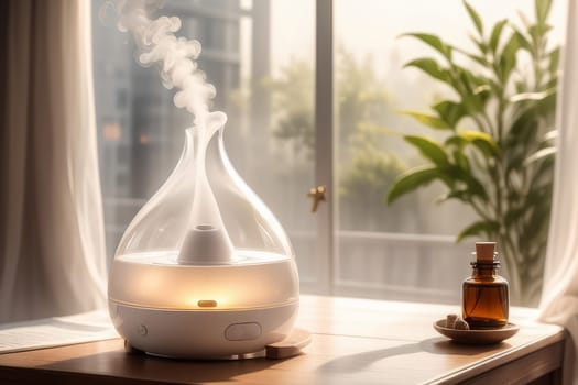 Aroma oil white glass diffuser with rising steam flow on table by window