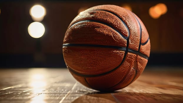 Basketball's texture highlighted on shiny wood next to indoor hoop in cozy lighting