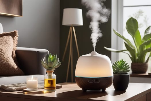 Cozy Living Space. Aroma Diffuser Spreading Scented Steam on Table.