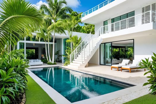 Tropical Tranquility: Luxurious villa poolside oasis with lush palm surroundings and a stylish white staircase.