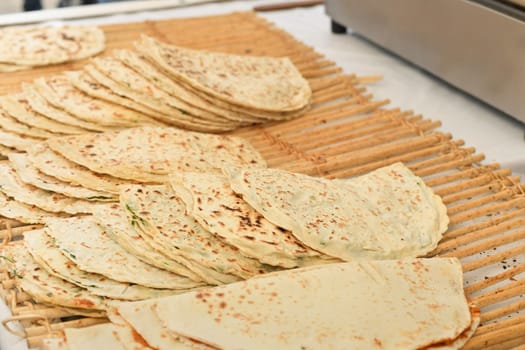 Traditional Turkish flat bread Borek at the market