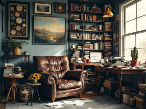 Cozy home office interior with comfortable leather armchair, vintage typewriter, large bookshelf and collection of clocks on the wall. Ai generated